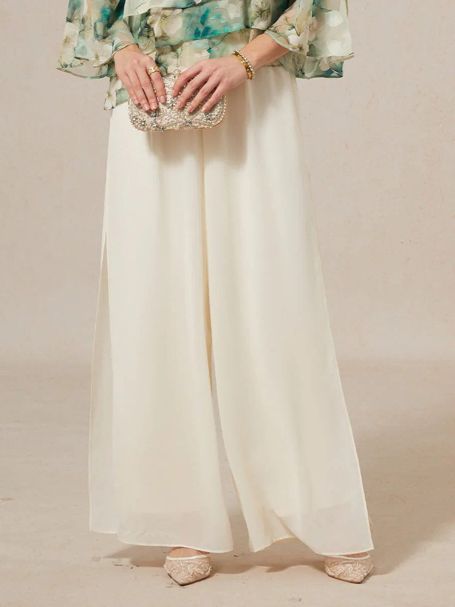 Chiffon Wide Leg Pants with Sheer Overlay Panel - Ivory