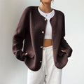 Collarless Oversized Cardigan with Button Front and Pockets - Dark Brown