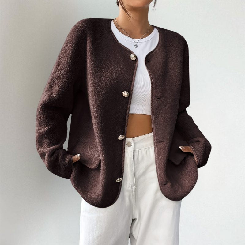Collarless Oversized Cardigan with Button Front and Pockets - Dark Brown