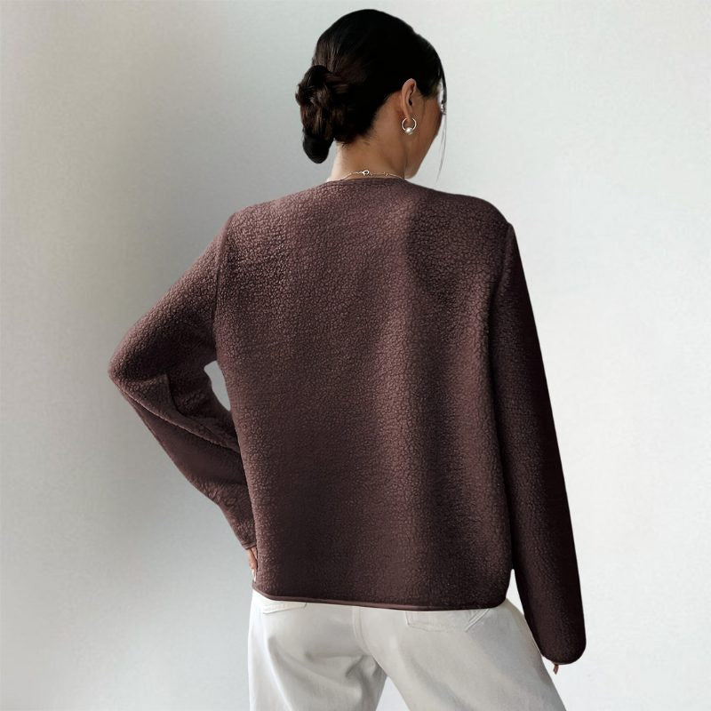 Collarless Oversized Cardigan with Button Front and Pockets