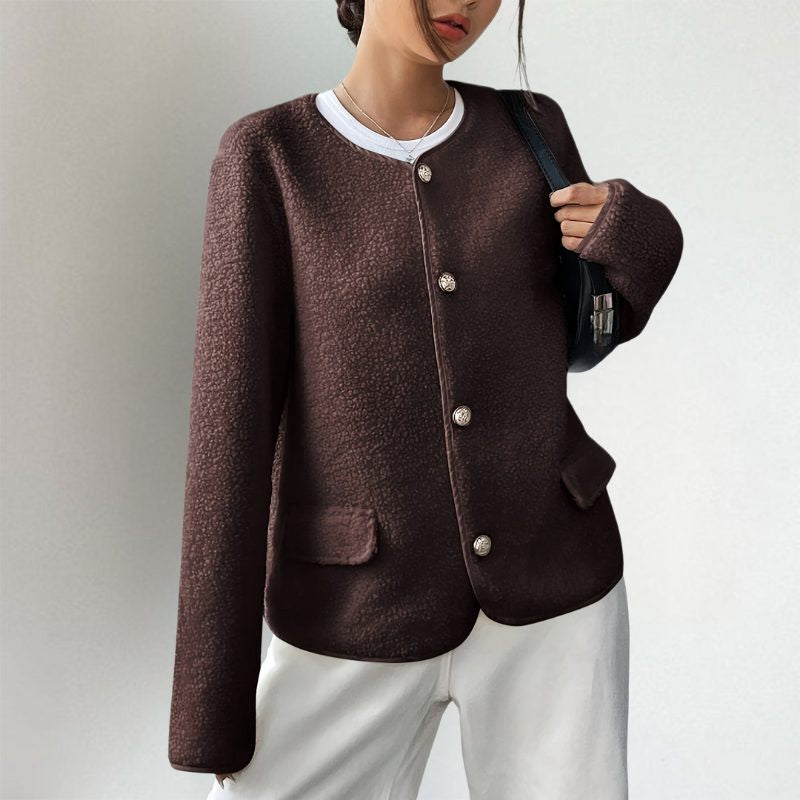 Collarless Oversized Cardigan with Button Front and Pockets