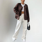 Collarless Oversized Cardigan with Button Front and Pockets