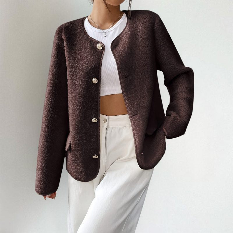 Collarless Oversized Cardigan with Button Front and Pockets