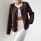 Collarless Oversized Cardigan with Button Front and Pockets