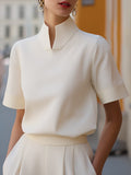 Cropped Blouse with Stand Collar and Short Sleeves - White
