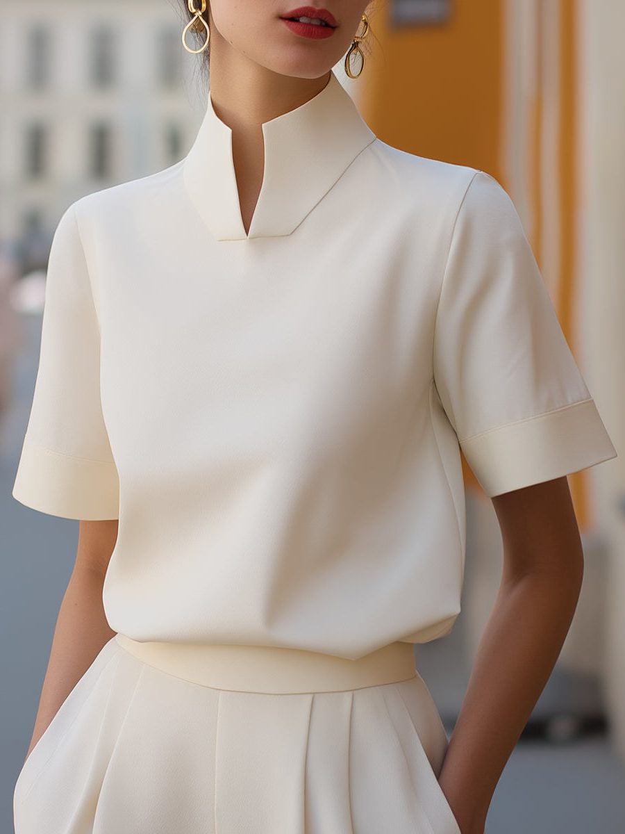 Cropped Blouse with Stand Collar and Short Sleeves - White