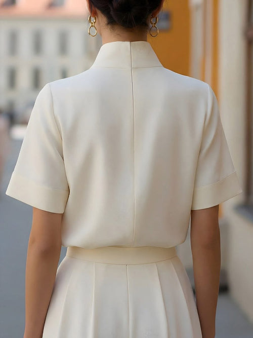 Cropped Blouse with Stand Collar and Short Sleeves