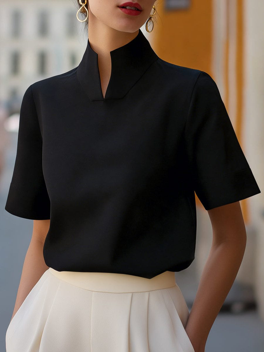 Cropped Blouse with Stand Collar and Short Sleeves - Black