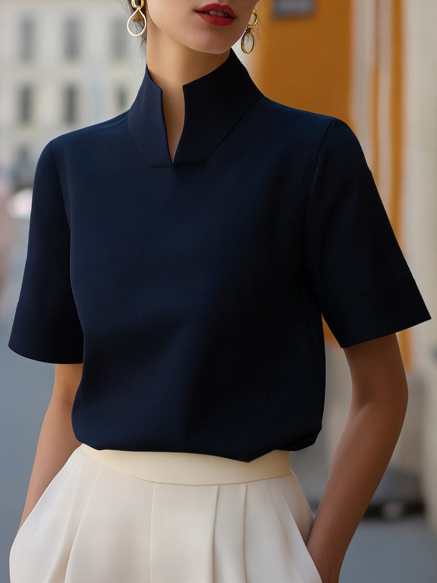 Cropped Blouse with Stand Collar and Short Sleeves - Navy Blue