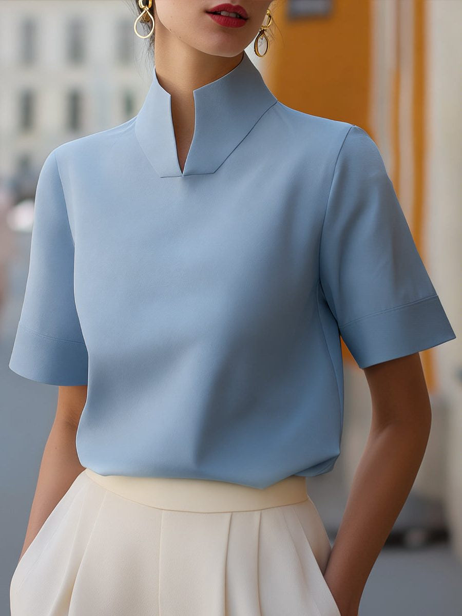 Cropped Blouse with Stand Collar and Short Sleeves - Blue