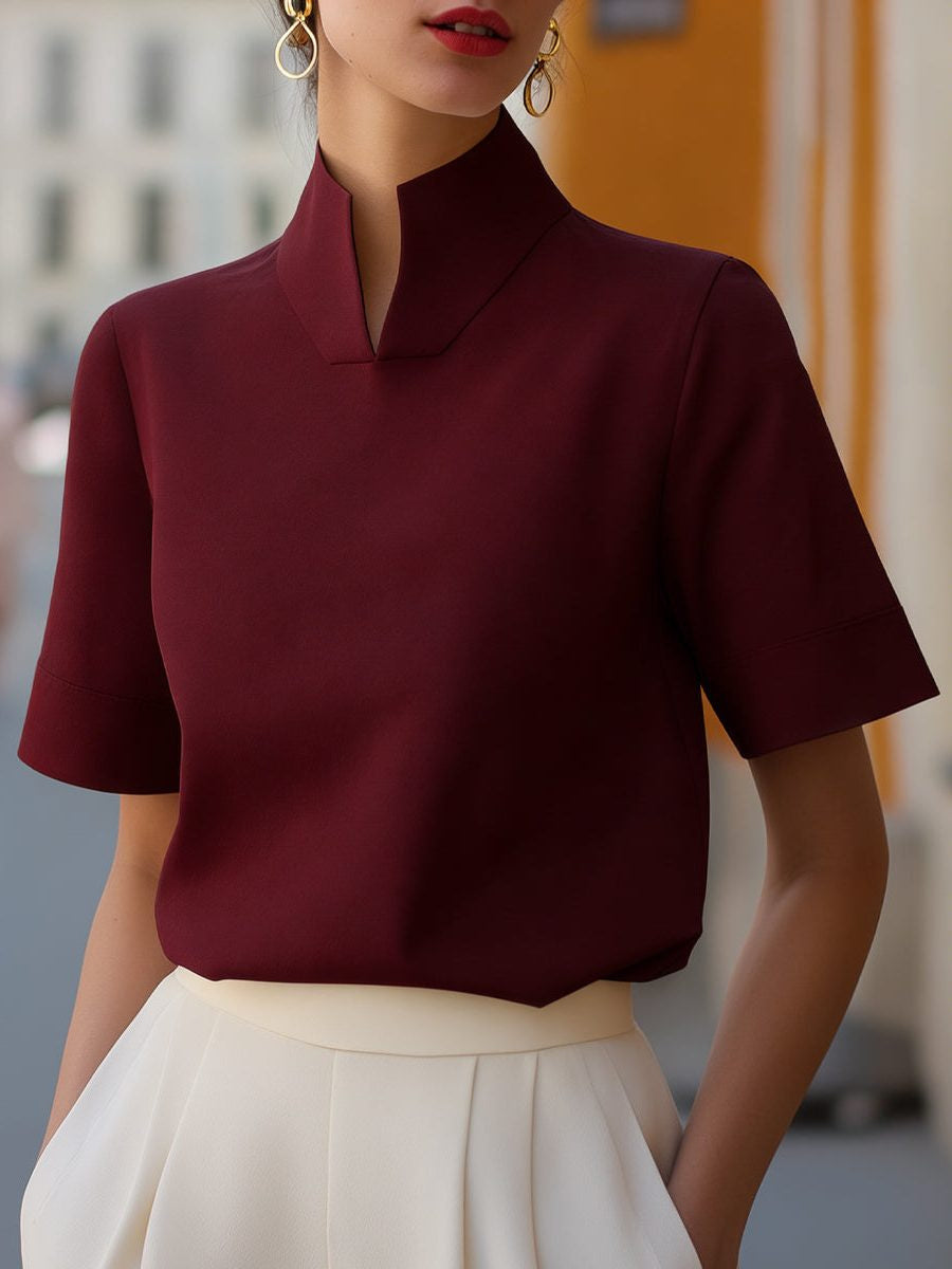 Cropped Blouse with Stand Collar and Short Sleeves - Burgundy