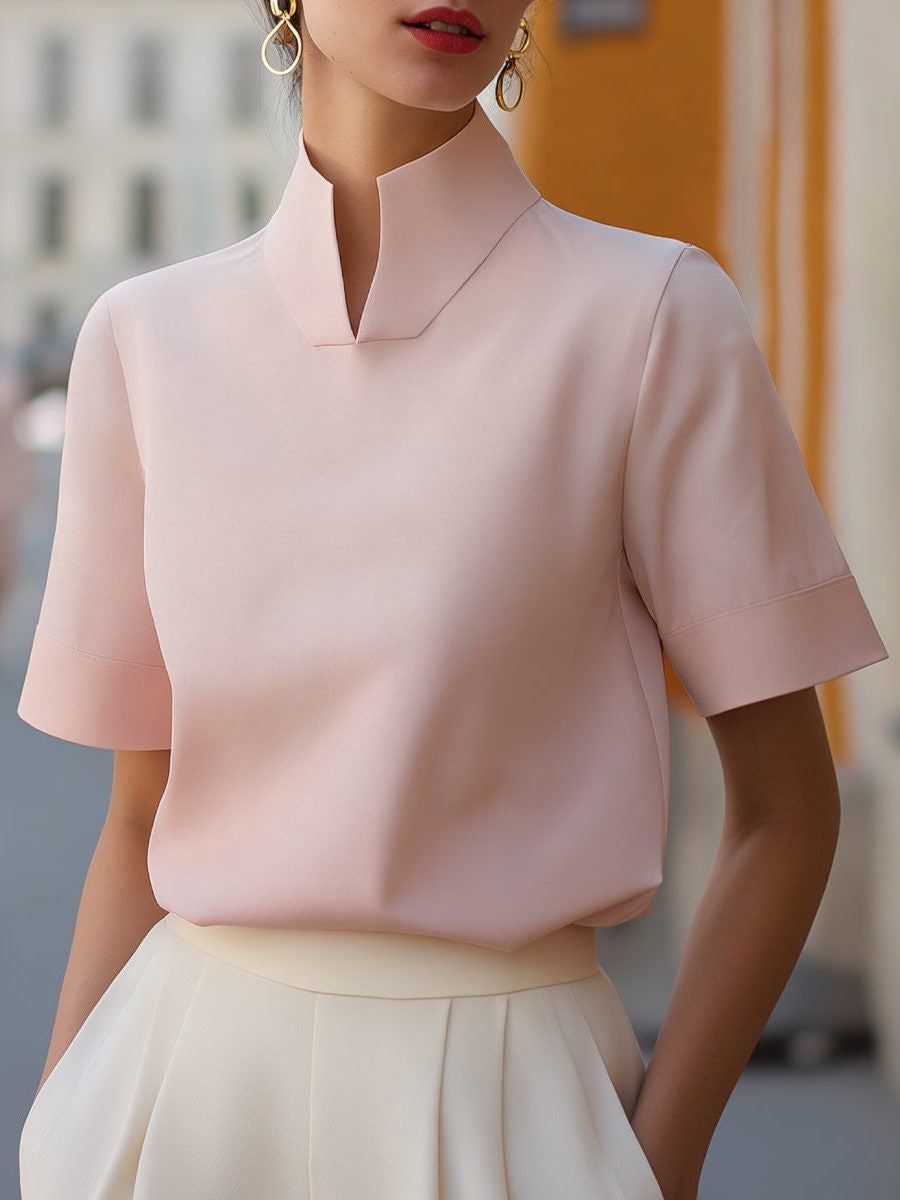 Cropped Blouse with Stand Collar and Short Sleeves - Pink
