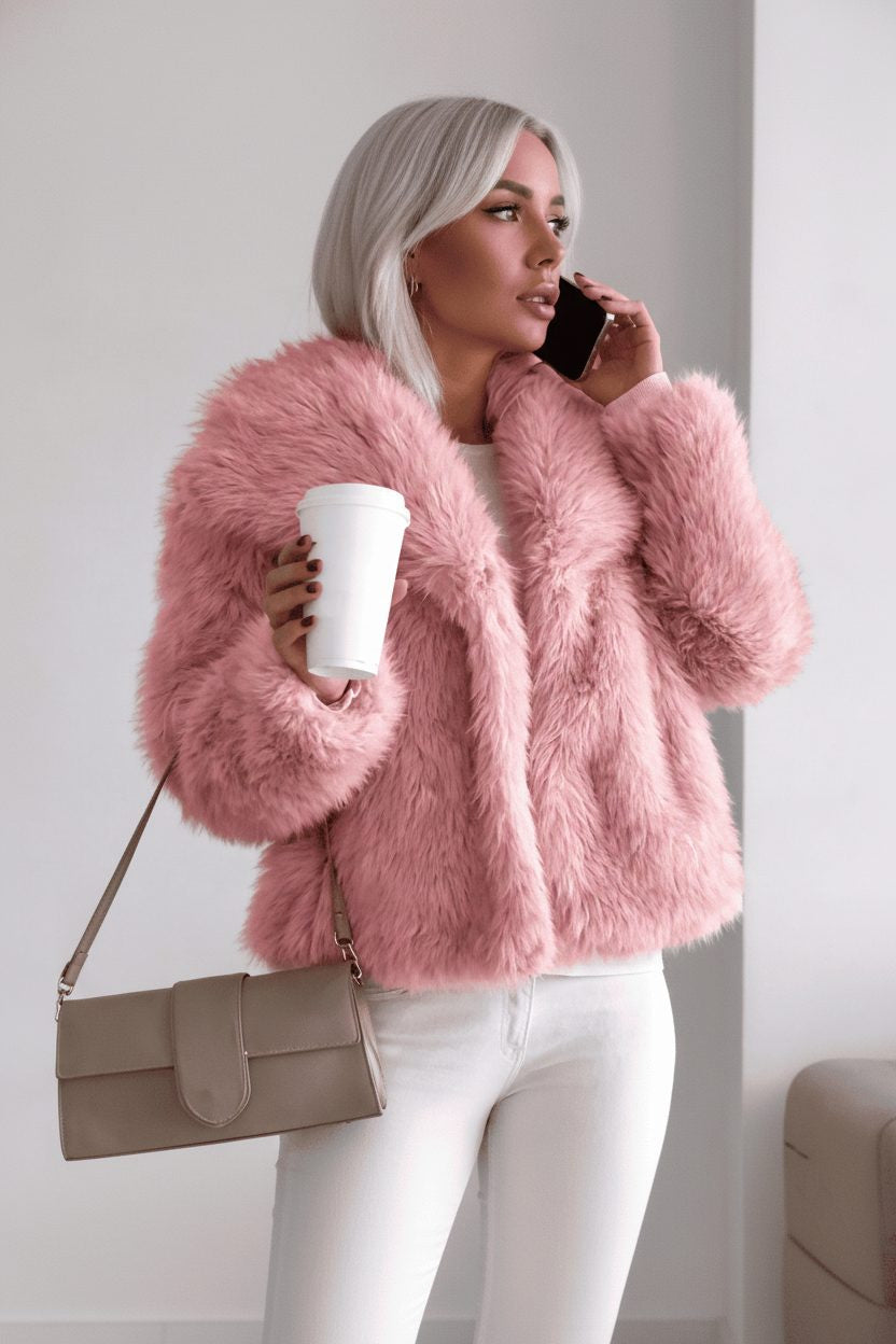 Cropped Faux Fur Coat with Notch Collar and Long Sleeves - Pink