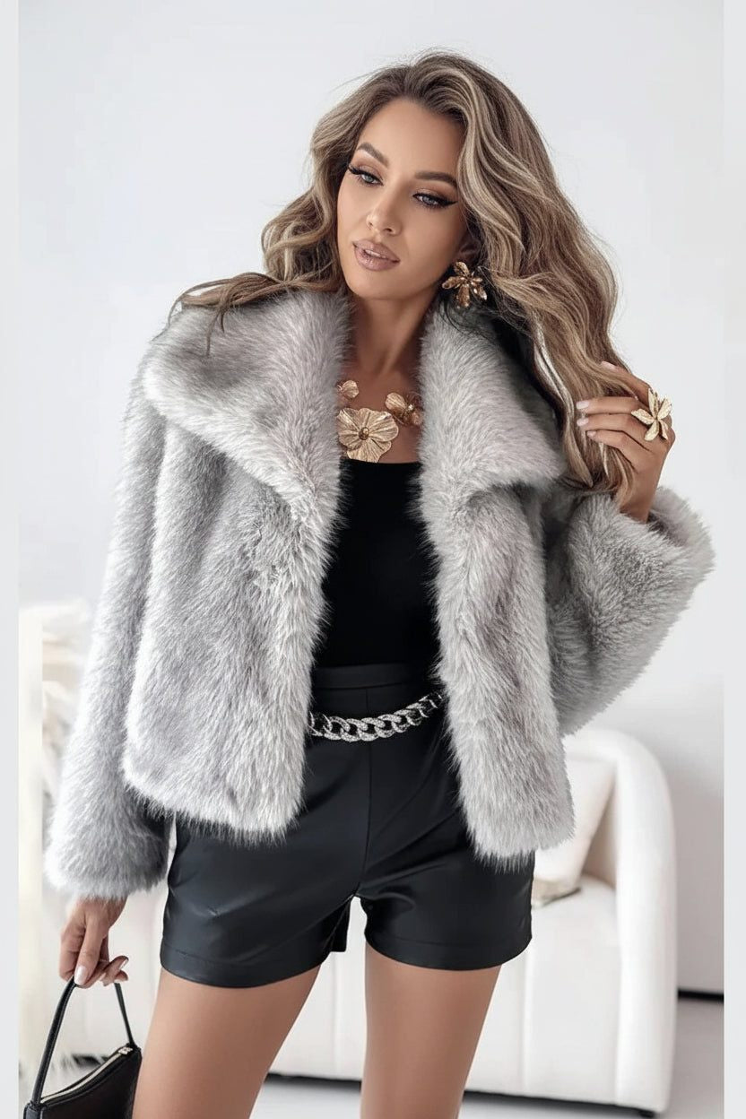 Cropped Faux Fur Coat with Notch Collar and Long Sleeves - Grey