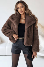 Cropped Faux Fur Coat with Notch Collar and Long Sleeves