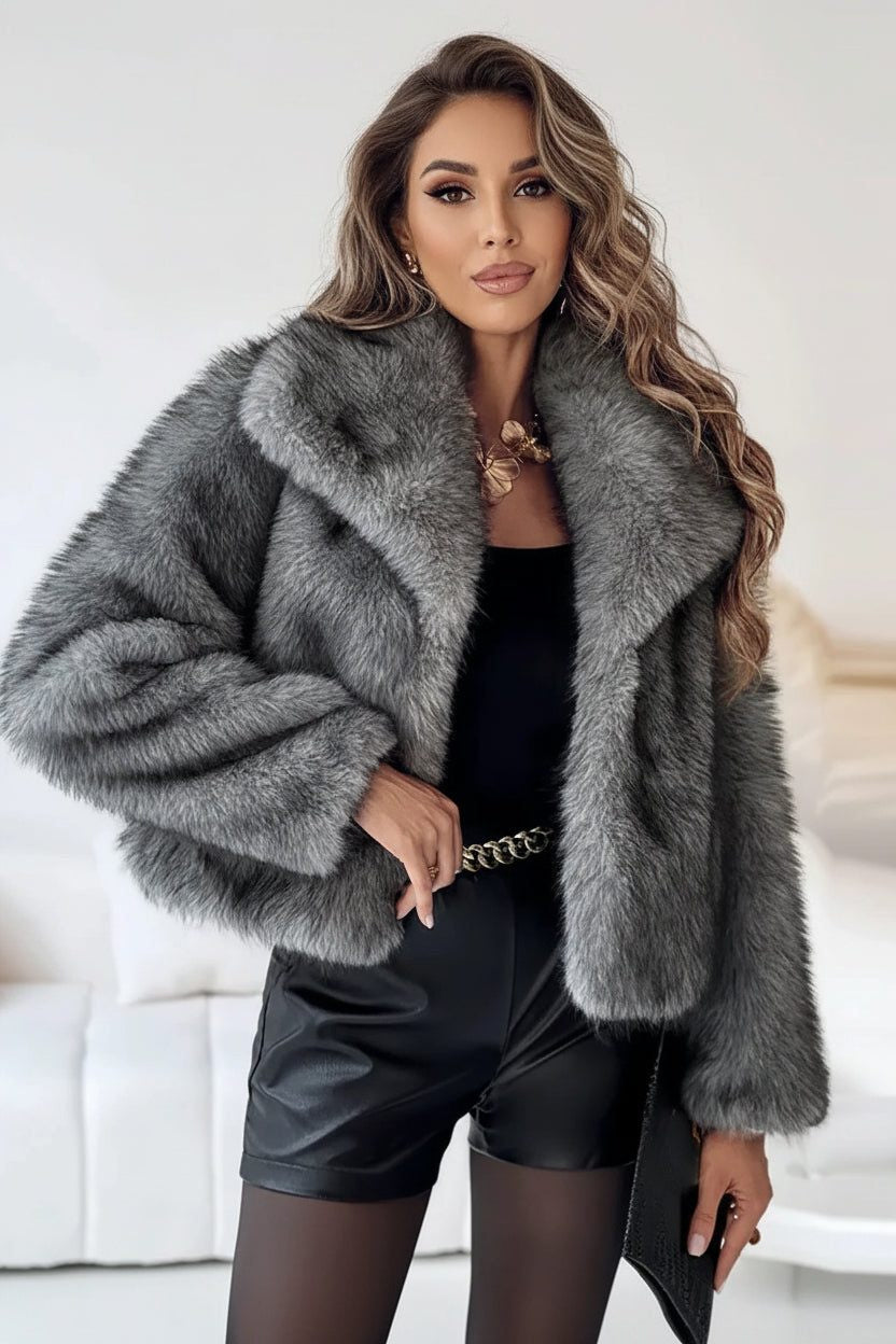 Cropped Faux Fur Coat with Notch Collar and Long Sleeves