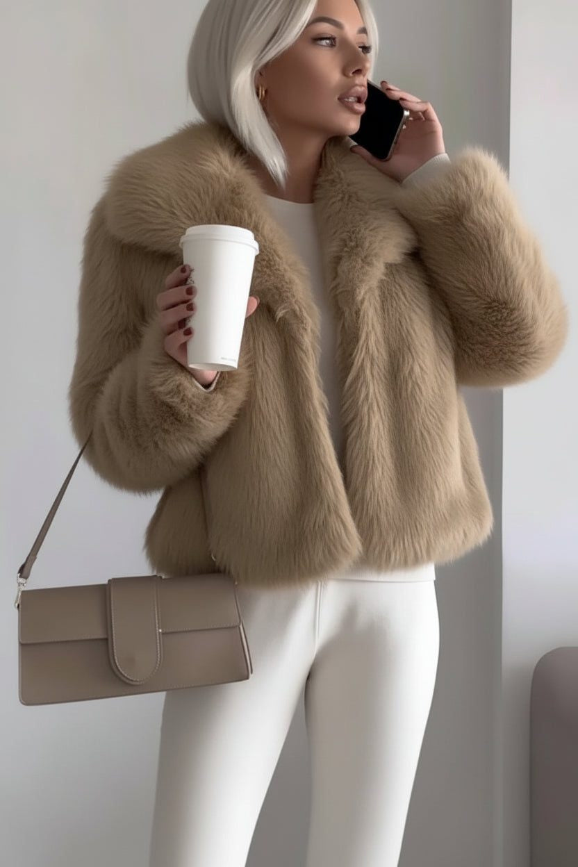 Cropped Faux Fur Coat with Notch Collar and Long Sleeves - Tan