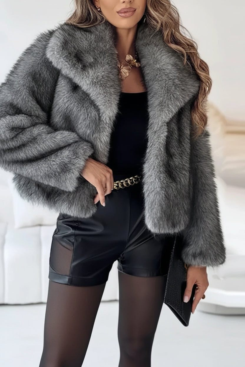 Cropped Faux Fur Coat with Notch Collar and Long Sleeves - Charcoal