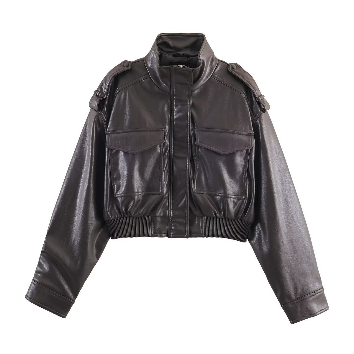 Cropped Faux Leather Bomber Jacket with Zip Front - Dark Brown
