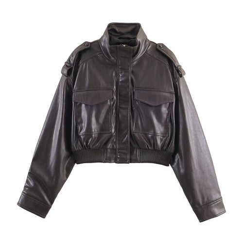 Cropped Faux Leather Bomber Jacket with Zip Front - Dark Brown