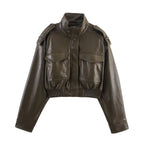 Cropped Faux Leather Bomber Jacket with Zip Front - Dark Green