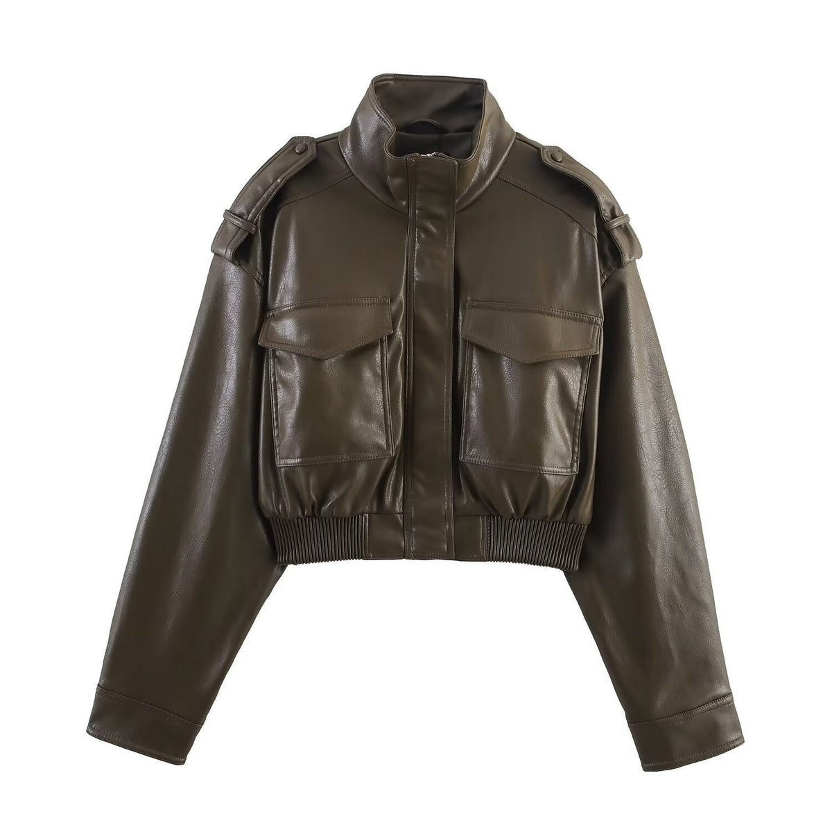Cropped Faux Leather Bomber Jacket with Zip Front - Dark Green