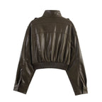 Cropped Faux Leather Bomber Jacket with Zip Front