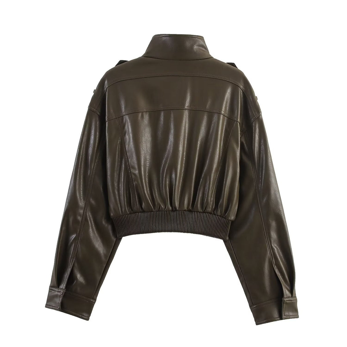 Cropped Faux Leather Bomber Jacket with Zip Front