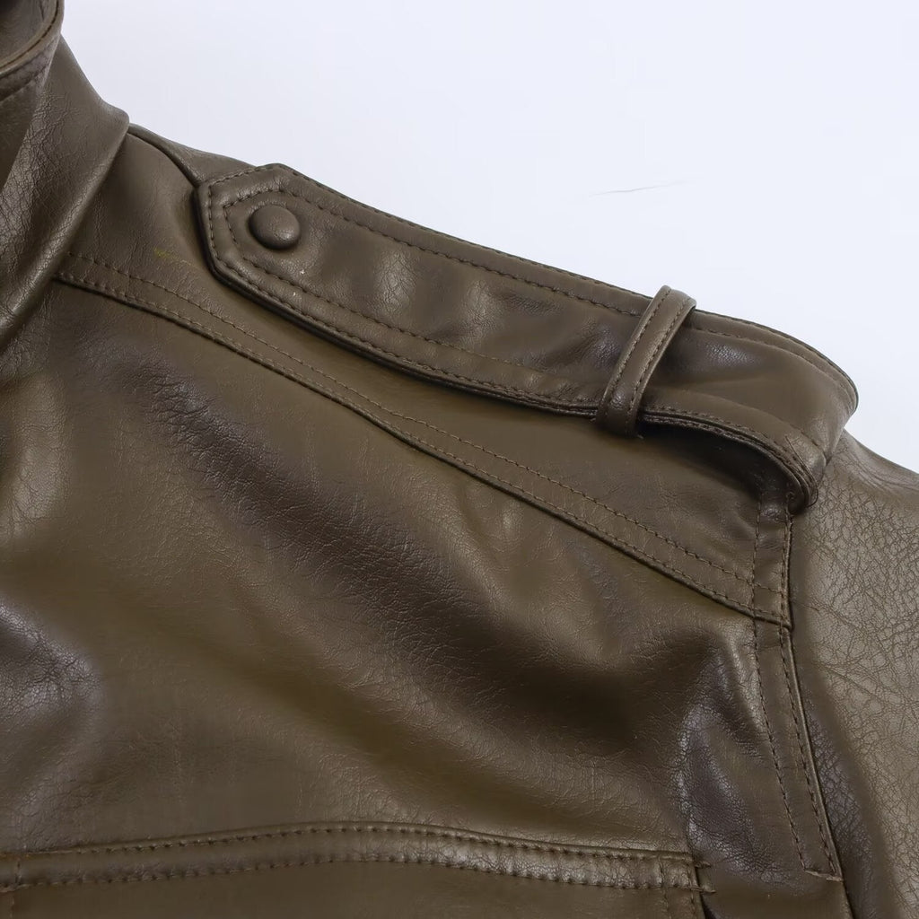 Cropped Faux Leather Bomber Jacket with Zip Front
