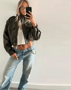 Cropped Faux Leather Bomber Jacket with Zip Front