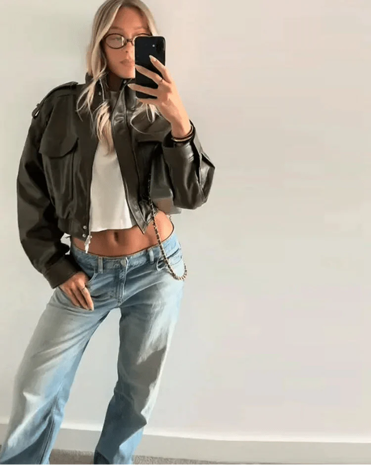 Cropped Faux Leather Bomber Jacket with Zip Front