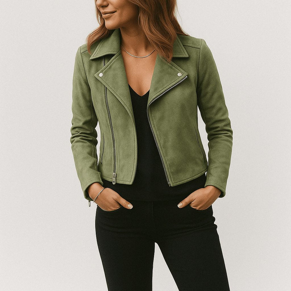 Cropped Faux Suede Biker Jacket with Asymmetric Zip