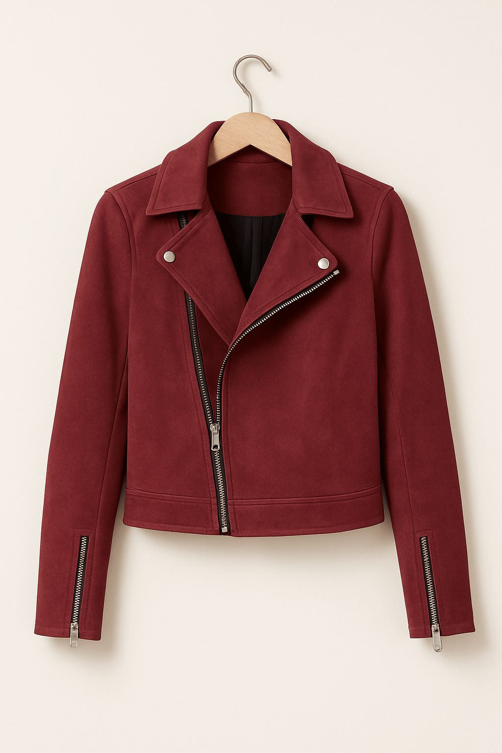 Cropped Faux Suede Biker Jacket with Asymmetric Zip - Red