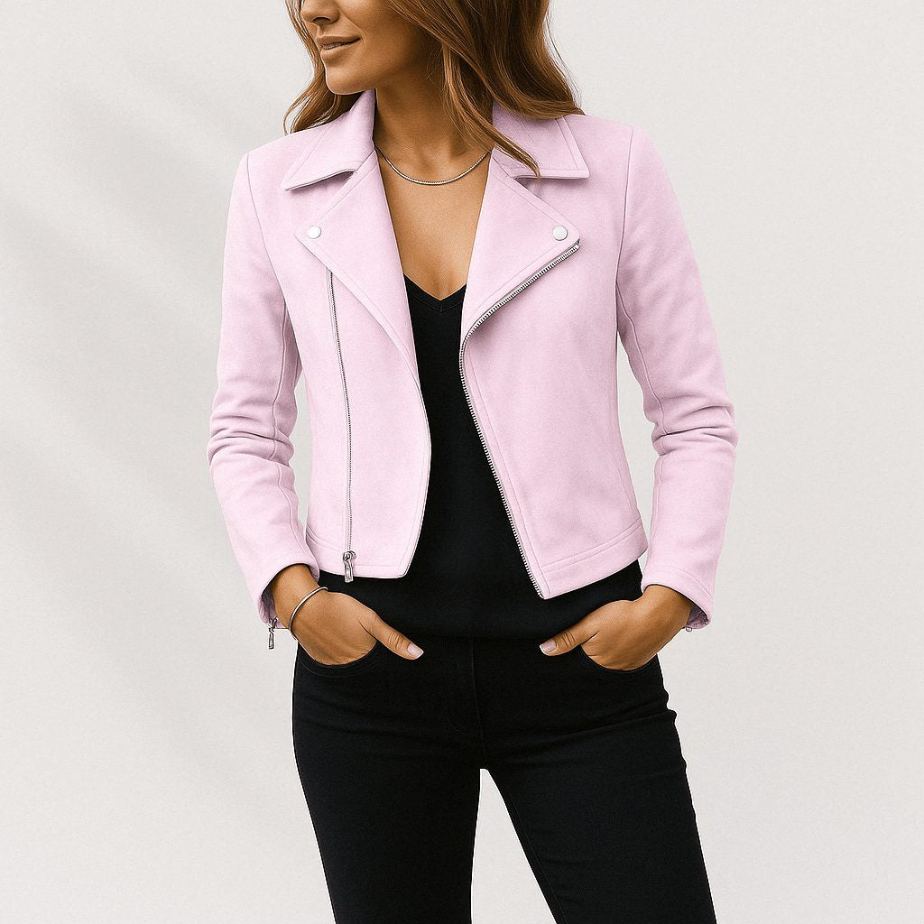 Cropped Faux Suede Biker Jacket with Asymmetric Zip