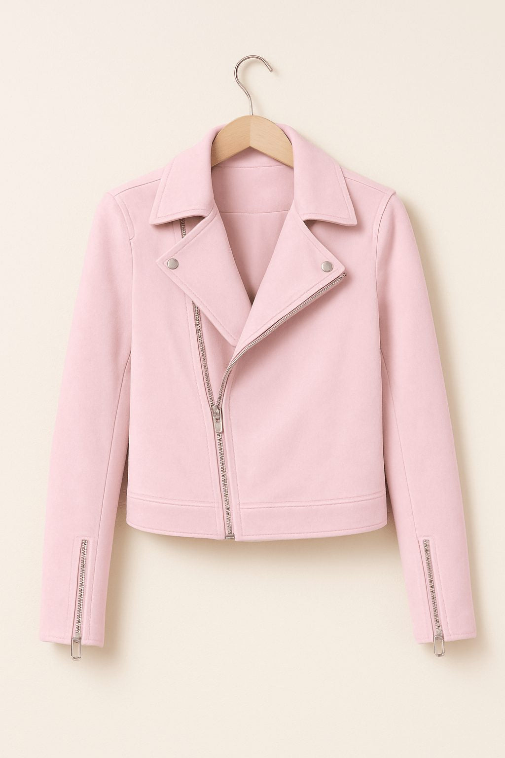 Cropped Faux Suede Biker Jacket with Asymmetric Zip - Pink