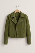 Cropped Faux Suede Biker Jacket with Asymmetric Zip - Green