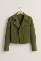 Cropped Faux Suede Biker Jacket with Asymmetric Zip - Green