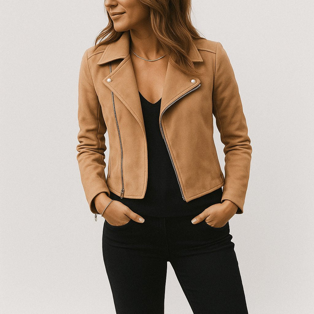 Cropped Faux Suede Biker Jacket with Asymmetric Zip