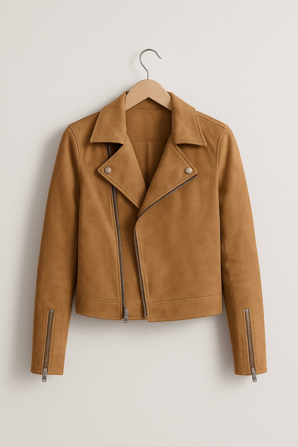 Cropped Faux Suede Biker Jacket with Asymmetric Zip - Beige