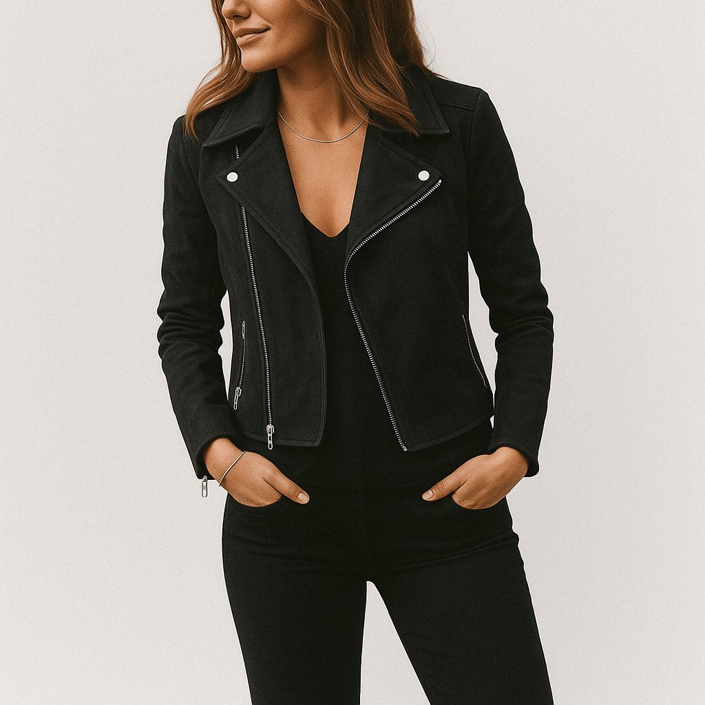 Cropped Faux Suede Biker Jacket with Asymmetric Zip