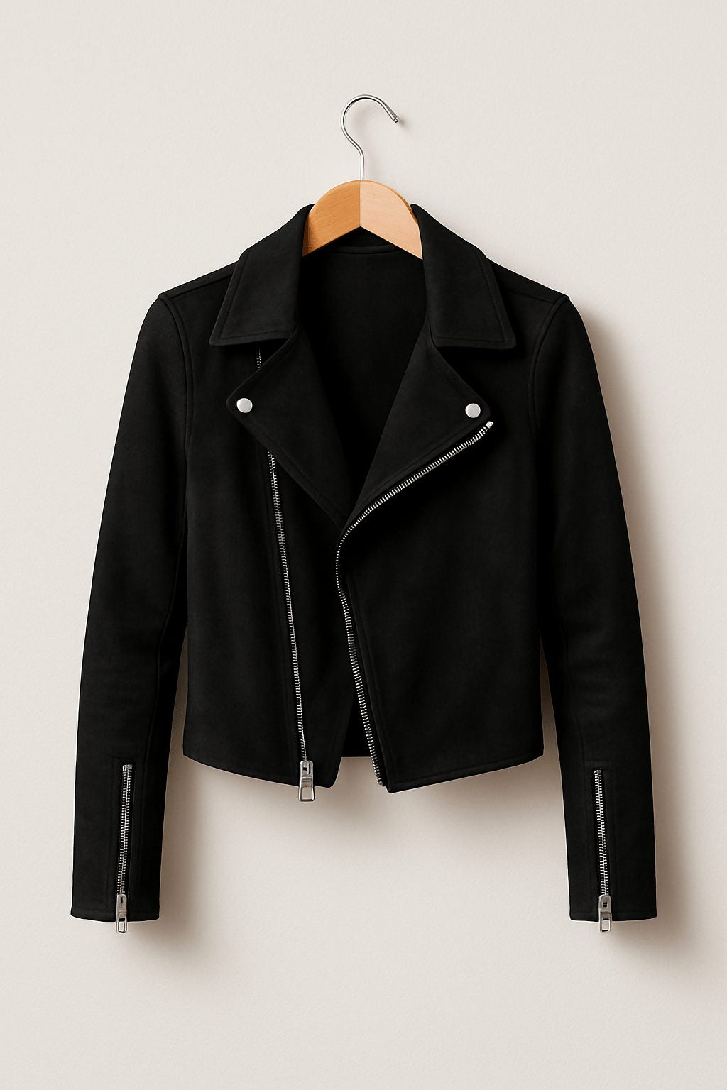 Cropped Faux Suede Biker Jacket with Asymmetric Zip - Black