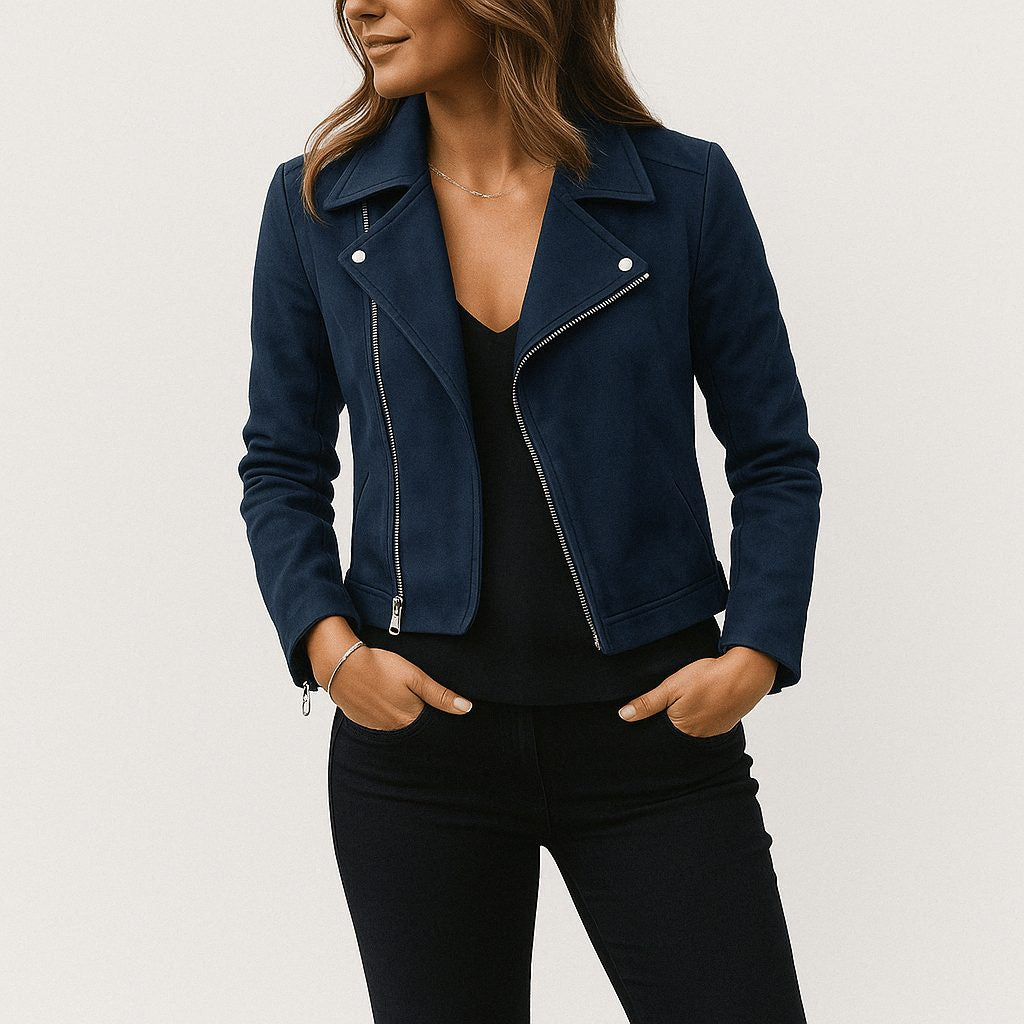 Cropped Faux Suede Biker Jacket with Asymmetric Zip