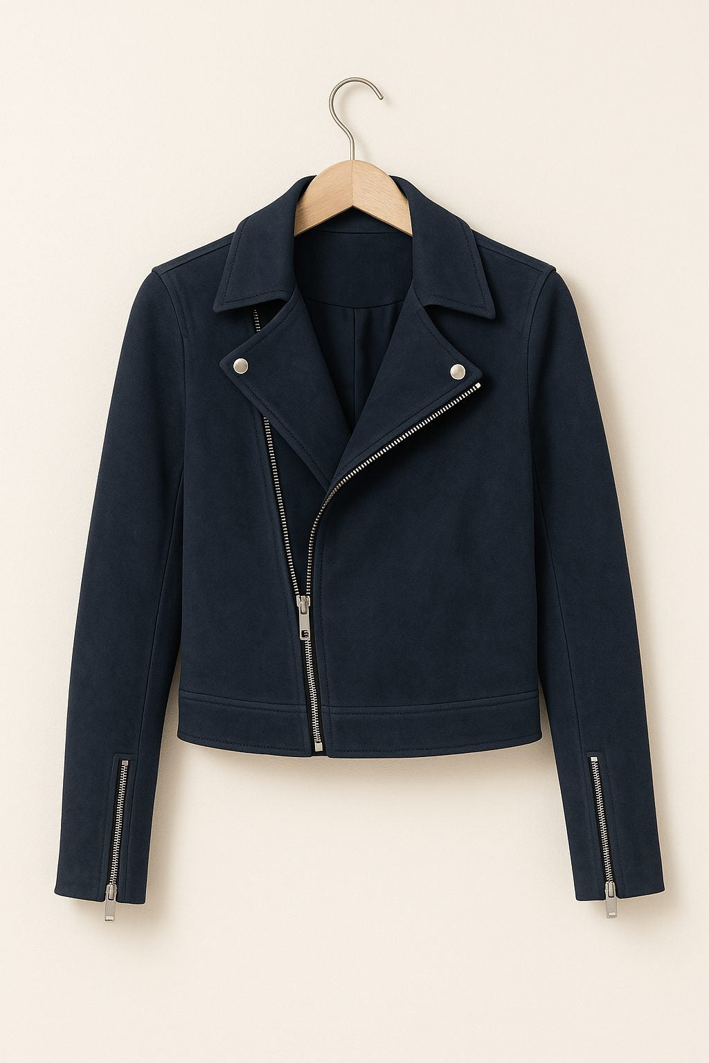 Cropped Faux Suede Biker Jacket with Asymmetric Zip - Blue