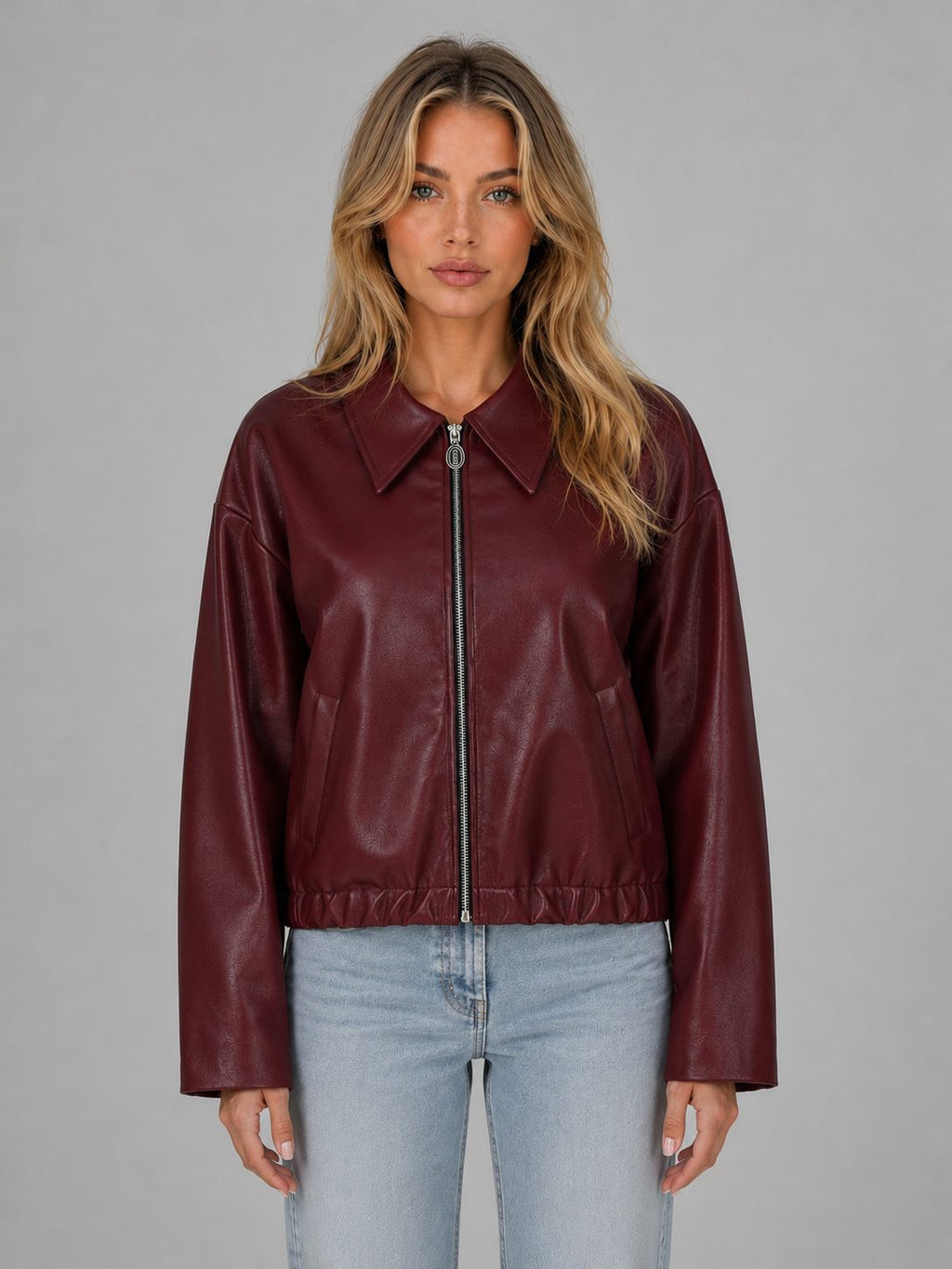 Cropped Leather-Look Jacket with Collar and Zip Front - Burgundy
