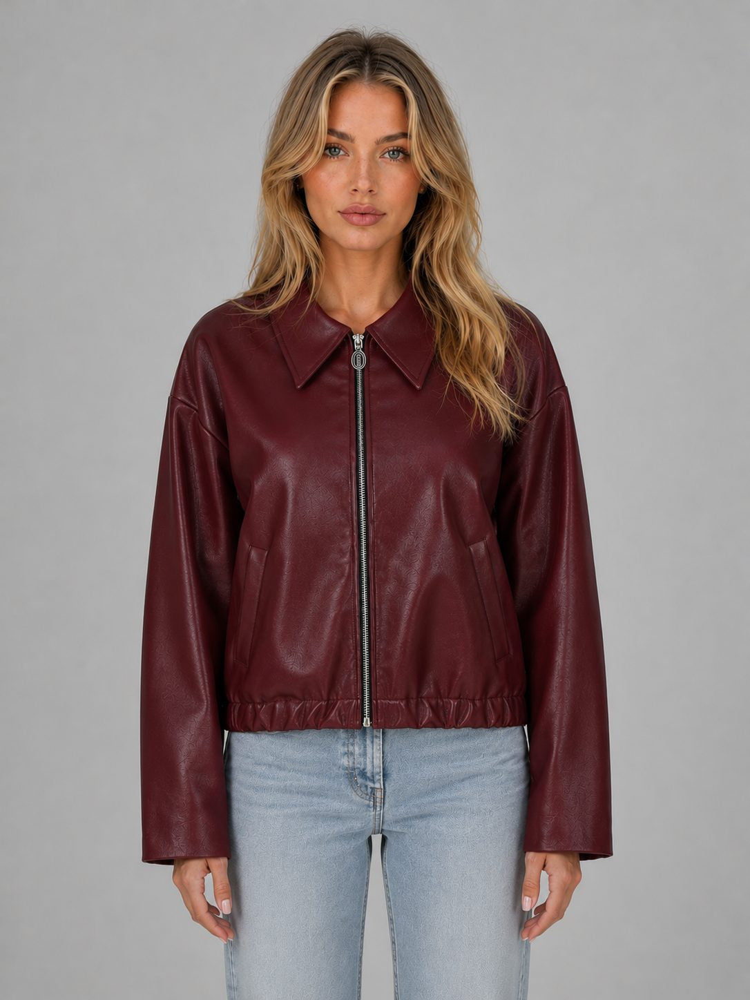 Cropped Leather-Look Jacket with Collar and Zip Front - Burgundy