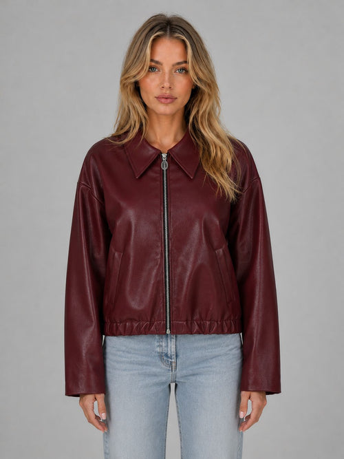 Cropped Leather-Look Jacket with Collar and Zip Front - Burgundy