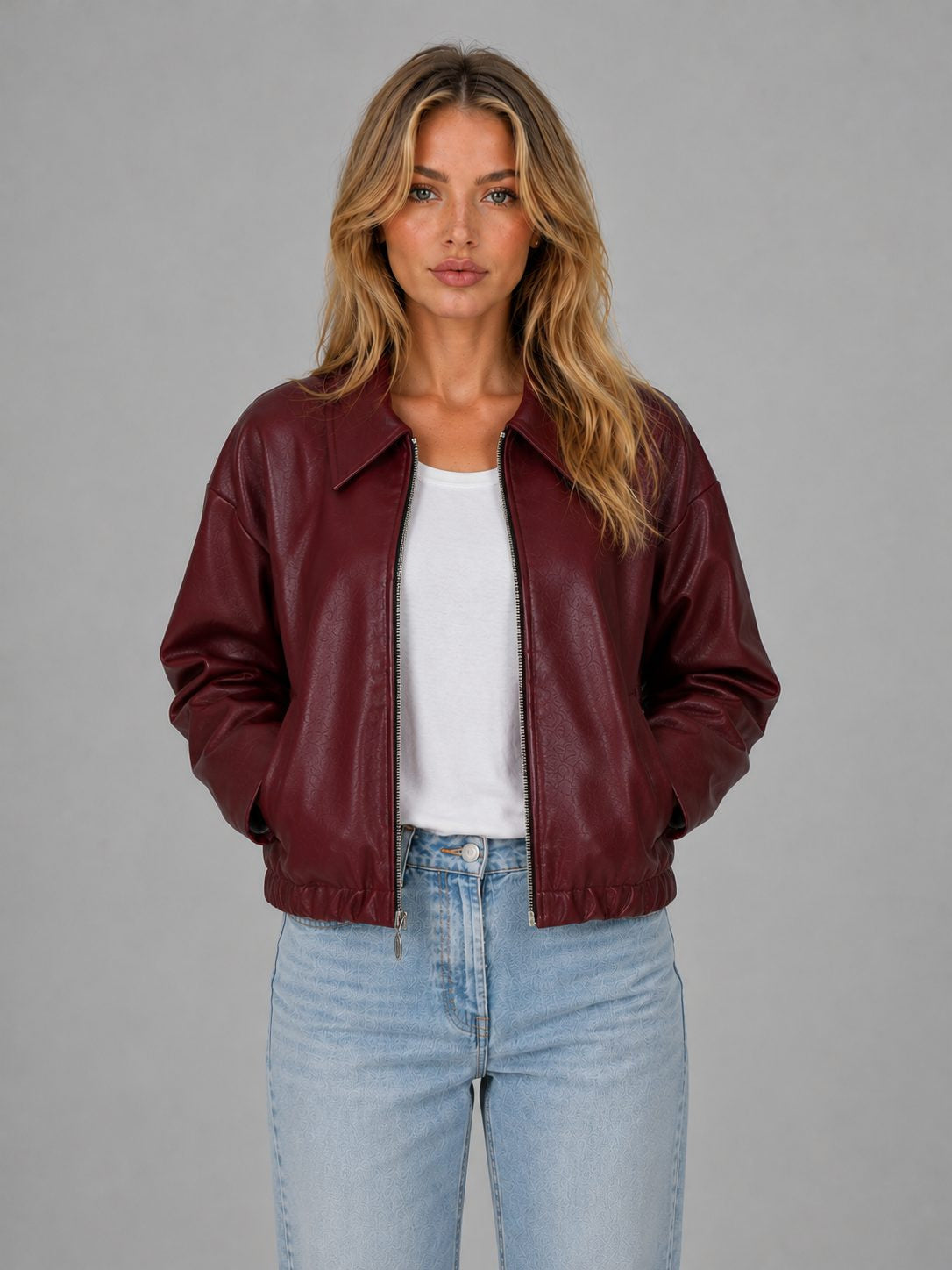 Cropped Leather-Look Jacket with Collar and Zip Front