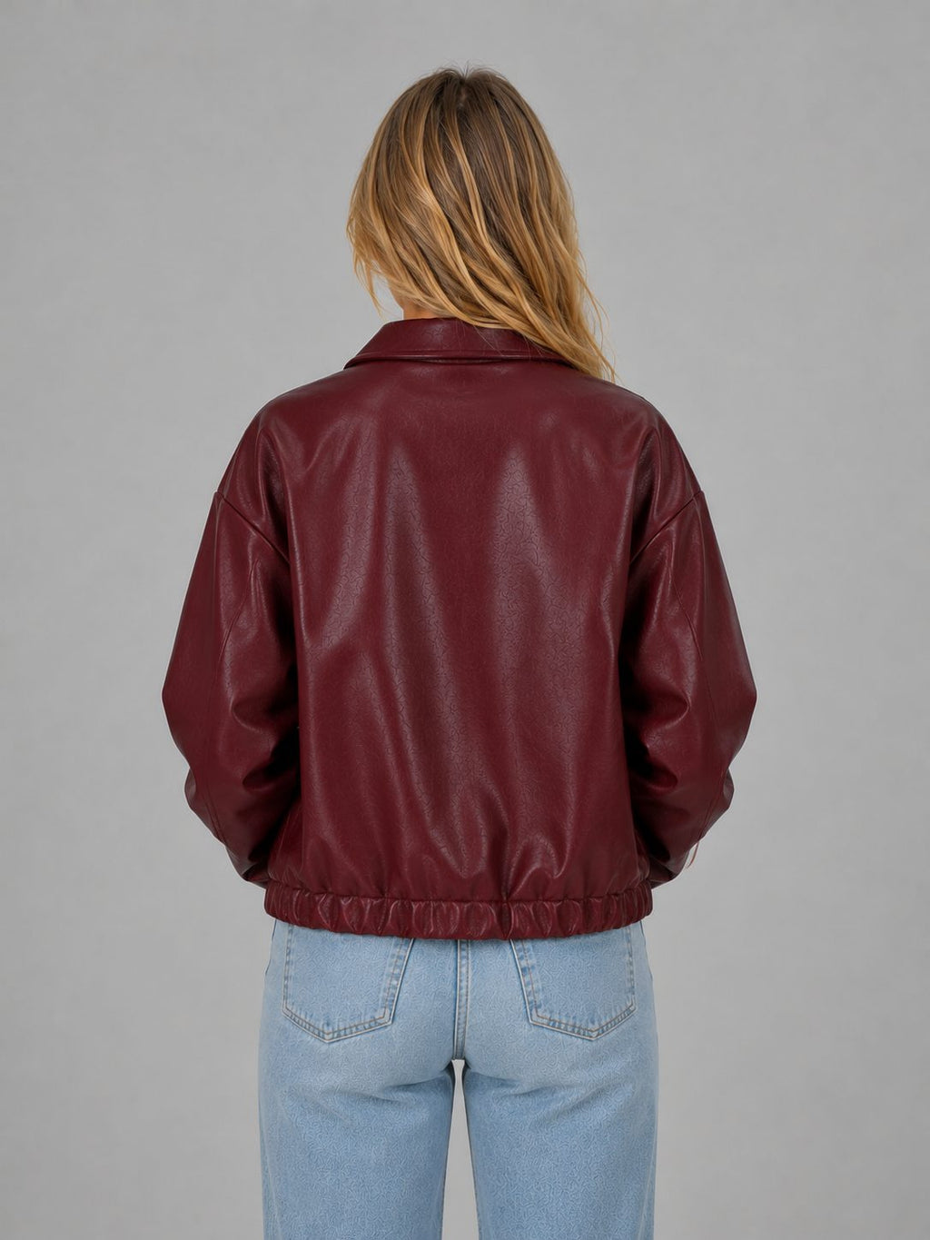 Cropped Leather-Look Jacket with Collar and Zip Front