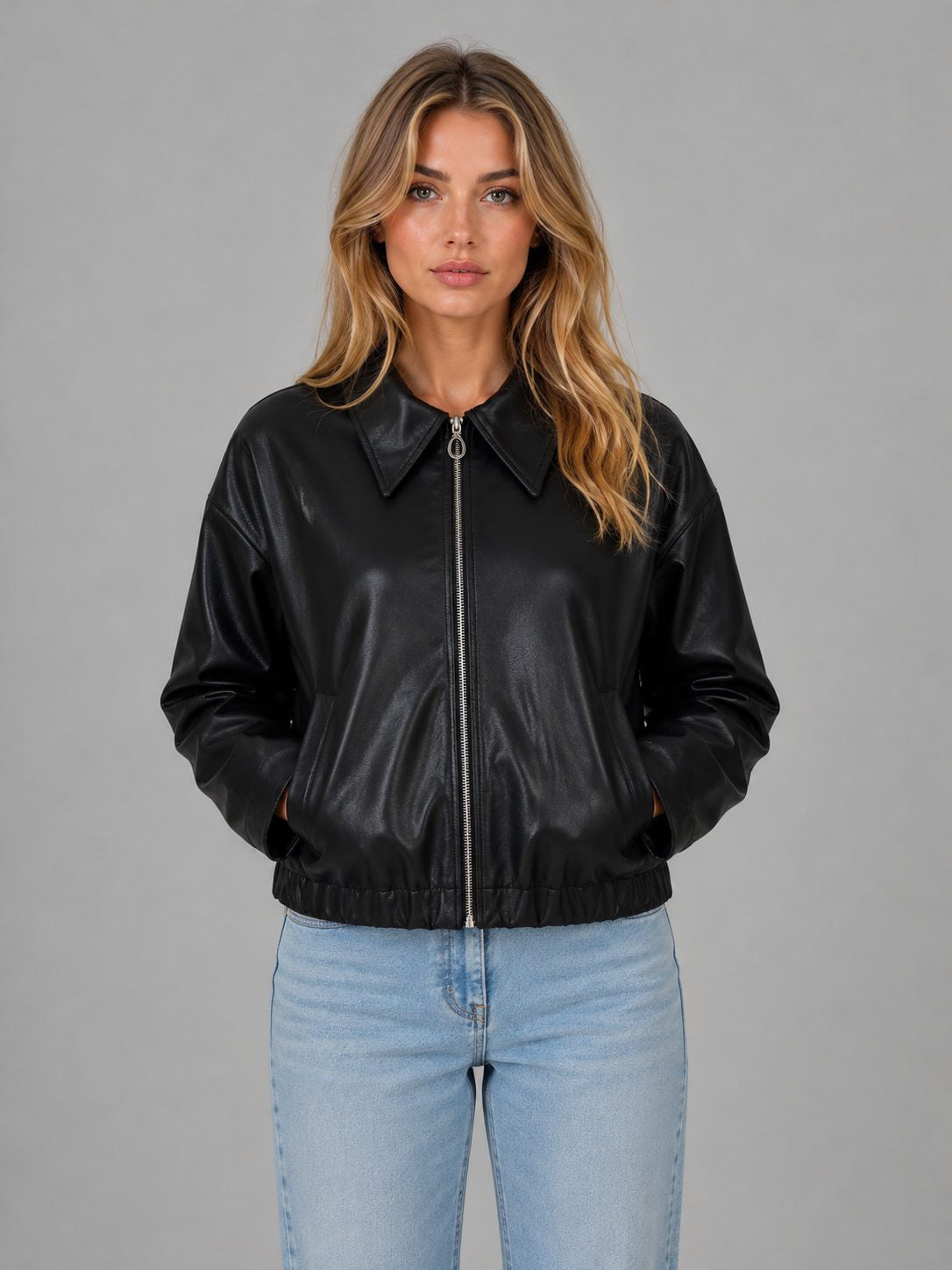 Cropped Leather-Look Jacket with Collar and Zip Front - Black