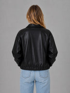 Cropped Leather-Look Jacket with Collar and Zip Front